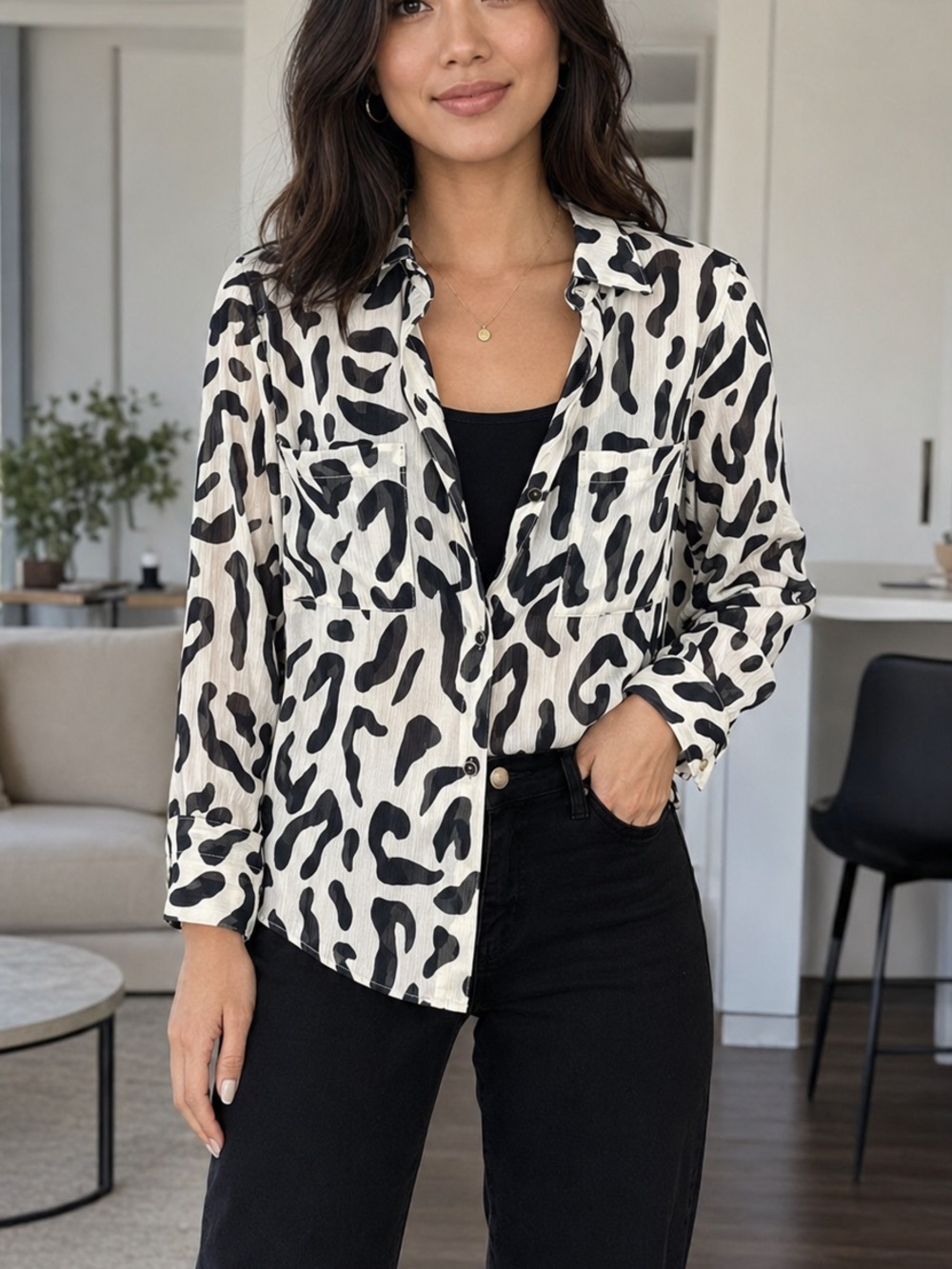 New Look Black and White Animal Print Shirt